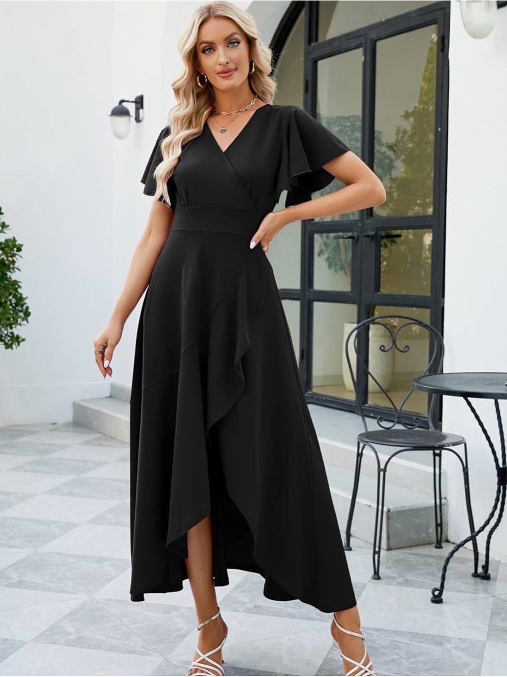 Black V-Neck High-Low Ruffle Maxi Dress - Picture 3 of 6
